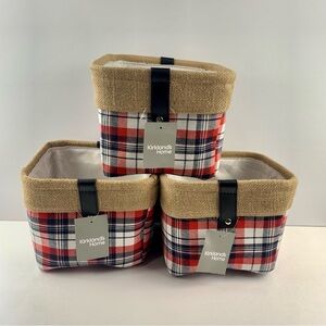 3 Ct Kirkland’s Home Natural Jute & Plaid 8x8x6 Mini Storage Bins Red and Blue